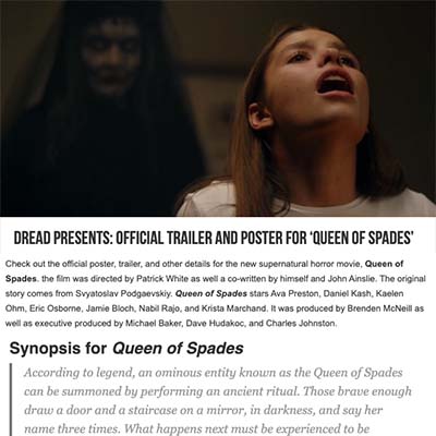 Dread Presents: Official Trailer and Poster for ‘Queen of Spades’